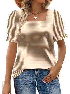 Women's Caramel Stripe Square Neck Top Summer Casual Ruffle Trim Sleeve T Shirt